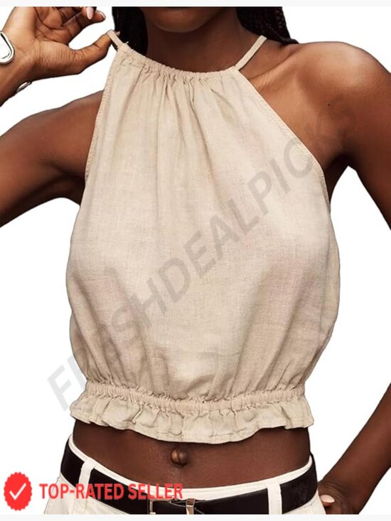 Tops - Cropped Halter Tank Top Sleeveless Summer Linen High Neck Cute Top